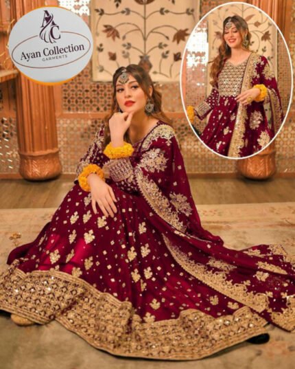 3pcs, woman stiched shiffon embroidered maxi and trouser 